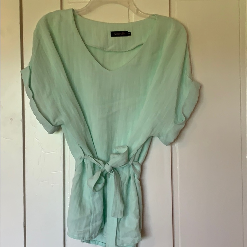 Teal colored v-neck blouse